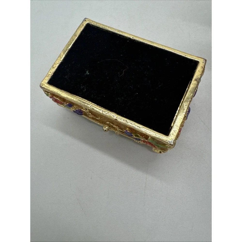 Metal & Enamel Trinket Box, Hinged with Magnetic Closure Floral Rhinestones